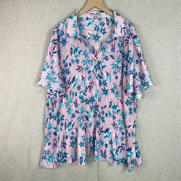 Woman Within Womens Button Up Floral Top 2X Crinkle Fairy Spring Cottagecore New - Picture 1 of 11